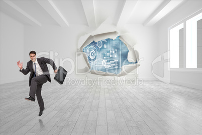 Composite image of happy businessman in a hury