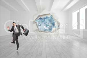 Composite image of happy businessman in a hury