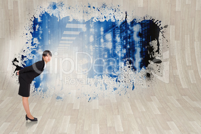 Composite image of serious businesswoman bending