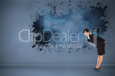 Composite image of smiling businesswoman bending