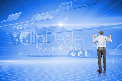 Composite image of businessman posing with hands up