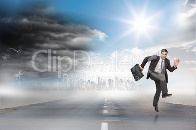 Composite image of happy businessman in a hury