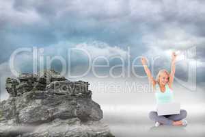 Composite image of joyful woman with a notebook