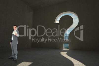 Composite image of businessman presenting banknotes Composite image of businessman presenting banknotes