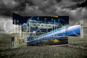 Composite image of architecture with light beam on abstract scre