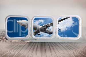 Composite image of airplane on abstract screen