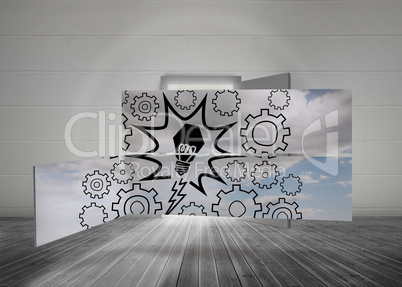 Composite image of light bulb and cogs on abstract screen