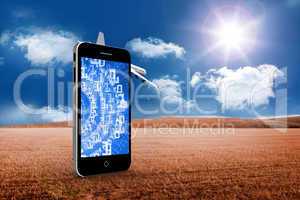 Composite image of binary code on smartphone screen