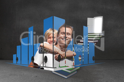 Composite image of father and son on abstract screen