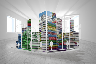 Composite image of piles of books on abstract screen