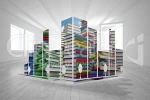 Composite image of piles of books on abstract screen