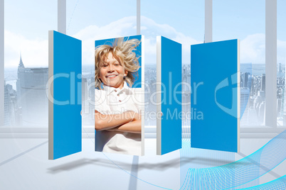 Composite image of blonde boy on abstract screen