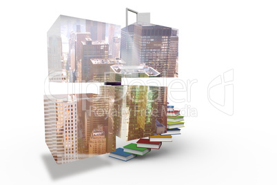 Composite image of cityscape on abstract screen