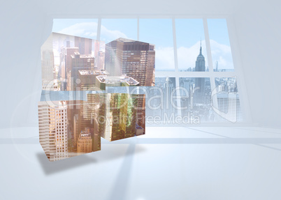 Composite image of cityscape on abstract screen