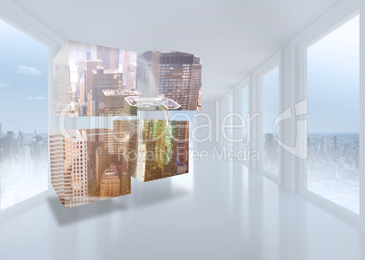 Composite image of cityscape on abstract screen