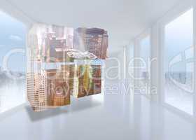 Composite image of cityscape on abstract screen