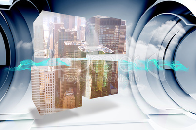 Composite image of cityscape on abstract screen