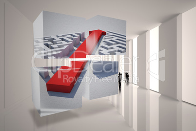 Composite image of arrow through maze on abstract screen