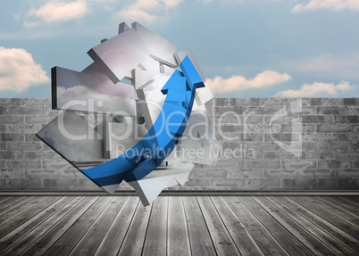 Composite image of blue arrow on abstract screen