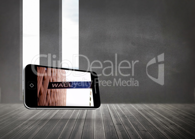 Composite image of wall street on smartphone screen