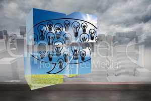 Composite image of light bulbs in speech bubble on abstract scre