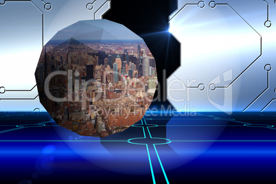 Composite image of cityscape on abstract screen