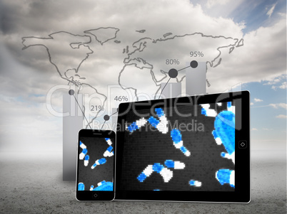 Composite image of falling pills on tablet and smartphone screen