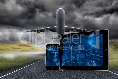 Composite image of interface on tablet and smartphone screens
