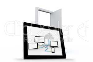 Composite image of cloud computing graphic on tablet screen