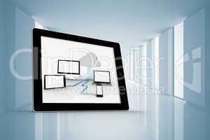 Composite image of cloud computing graphic on tablet screen