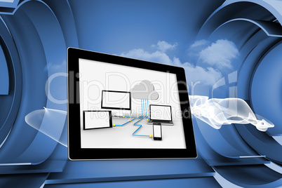 Composite image of cloud computing graphic on tablet screen