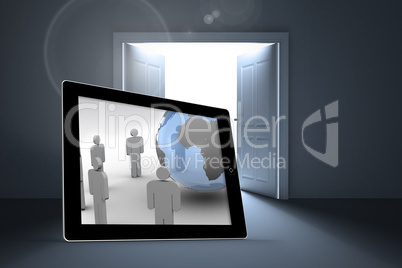 Composite image of figures and earth on tablet screen