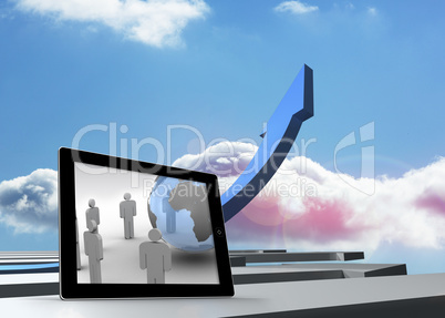 Composite image of figures and earth on tablet screen