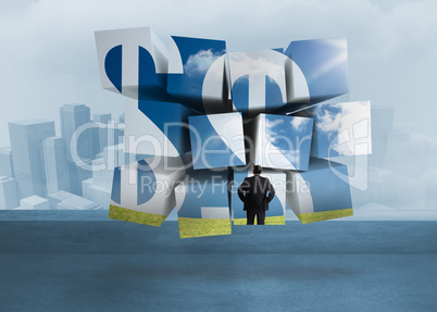 Composite image of businessman and dollar signs on abstract scre