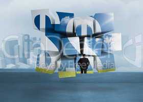 Composite image of businessman and dollar signs on abstract scre