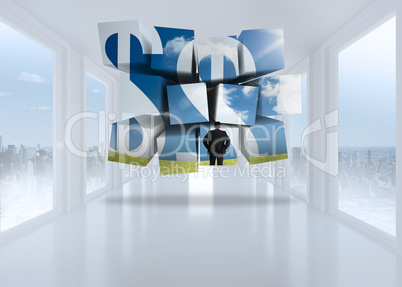 Composite image of businessman and dollar signs on abstract scre