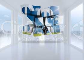 Composite image of businessman and dollar signs on abstract scre