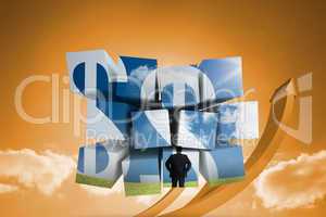 Composite image of businessman and dollar signs on abstract scre