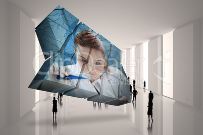 Composite image of scientist on abstract screen