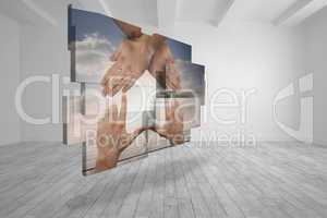 Composite image of hands making a house on abstract screen