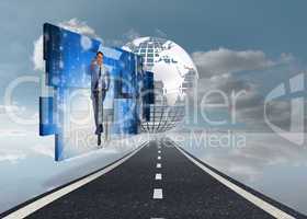 Composite image of businessman in data center on abstract screen