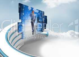 Composite image of businessman in data center on abstract screen