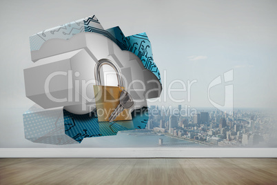 Composite image of lock and key on abstract screen
