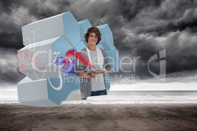 Composite image of student with tablet on abstract screen