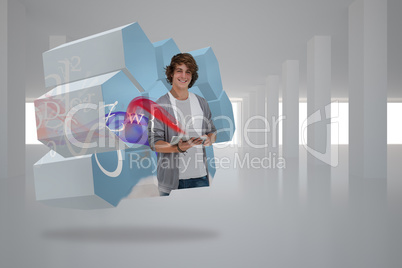 Composite image of student with tablet on abstract screen