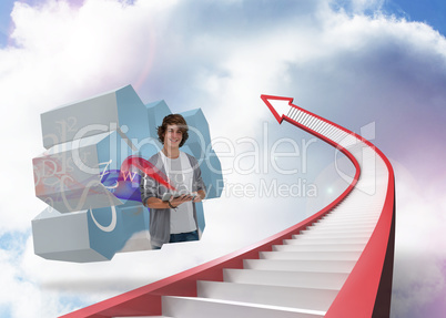 Composite image of student with tablet on abstract screen