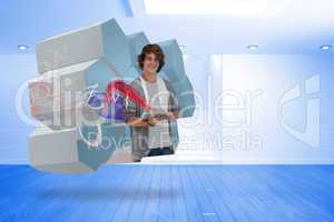 Composite image of student with tablet on abstract screen