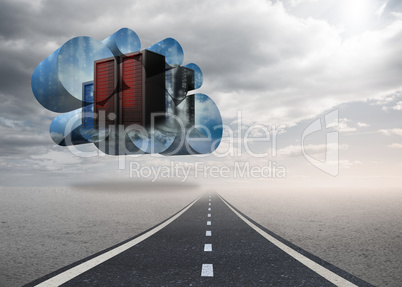 Composite image of server towers on abstract screen