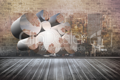 Composite image of united hands on abstract screen