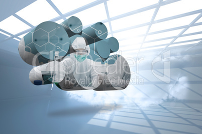 Composite image of scientist on abstract screen